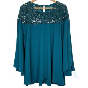Alfani Women's 1X Sequined Yoke Blouse Top Bell Sleeves Blue Teal Flowy NWOT